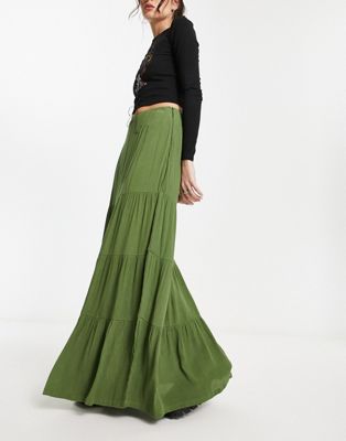 Daisy Street boho maxi khaki skirt with distressed tiers - ASOS Price Checker