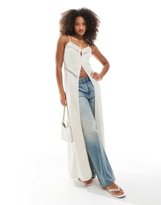Daisy Street boho midaxi open front cami top with lace trim