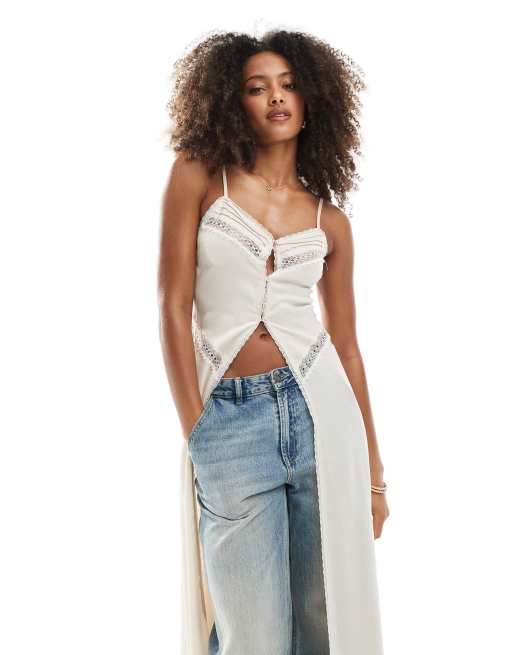 Daisy Street boho midaxi open front cami top with lace trim inserts in blush