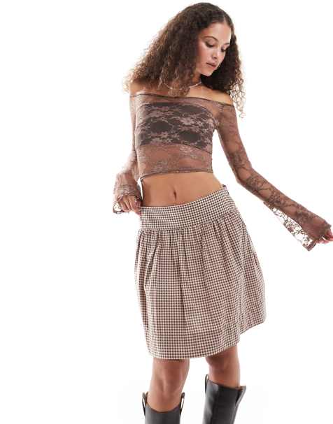 Daisy Street boho off shoulder long sleeve lace top in brown - view 1