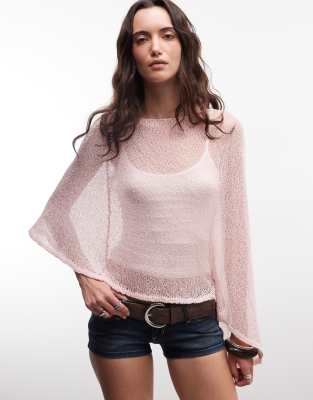 Daisy Street Boho Open Knit Poncho In Pink