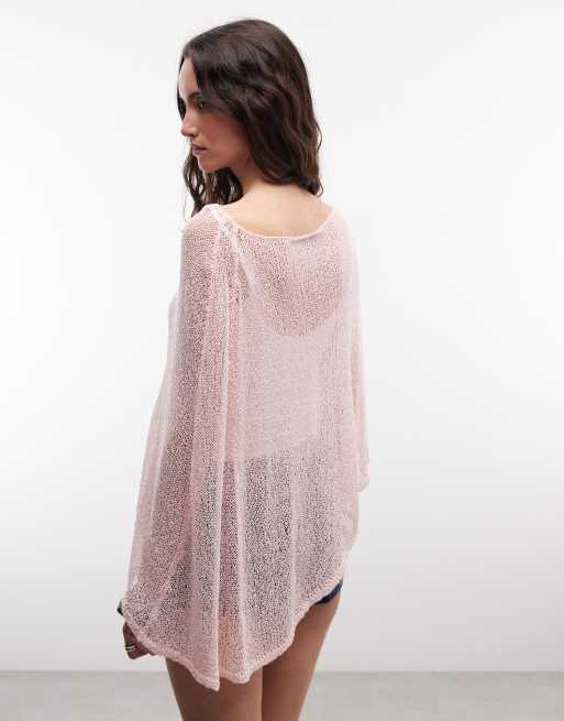 Daisy Street - Boho opengebreide poncho in roze, 4 van 4