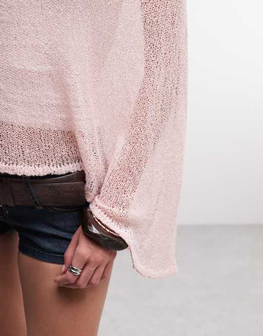 Daisy Street – Boho-Poncho aus weitmaschigem Strick in Rosa, 3 von 4