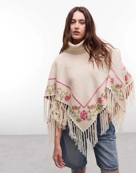 Daisy Street boho poncho med blomsterprint i ecru - view 1