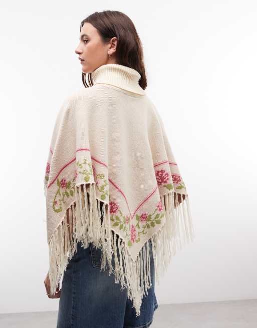 Daisy Street boho poncho with flower graphic in ecru, 4 of 4
