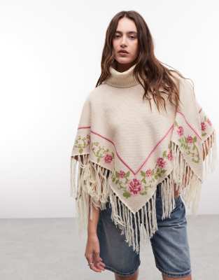 Daisy Street Boho Poncho With Flower Graphics In Neutral