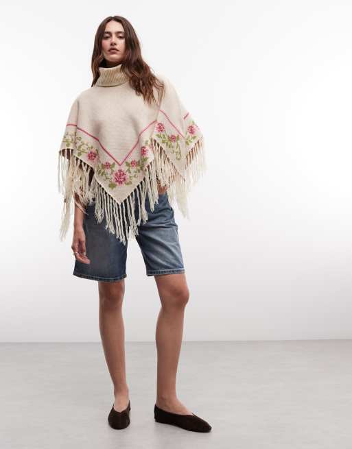 Daisy Street boho poncho with flower graphics in ecru, 2 of 4