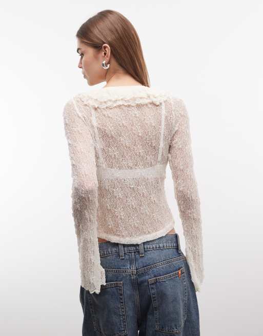 Daisy Street boho ruffle lace tie front top in cream, 4 of 4