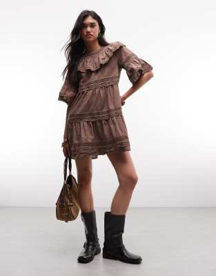 Daisy Street Boho Ruffle Smock Mini Dress In Brown