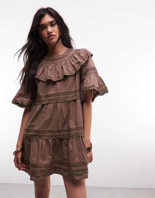 Daisy Street boho ruffle smock mini dress in brown, 2 of 4