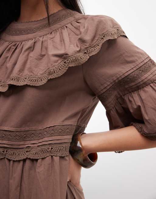 Daisy Street boho ruffle smock mini dress in brown, 3 of 4