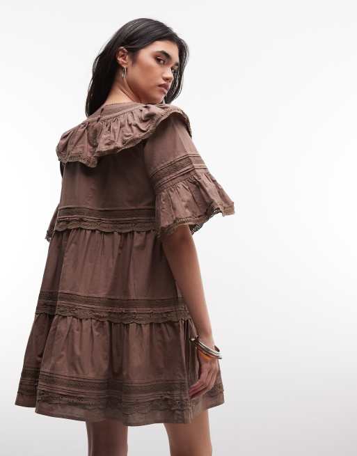 Daisy Street boho ruffle smock mini dress in brown, 4 of 4