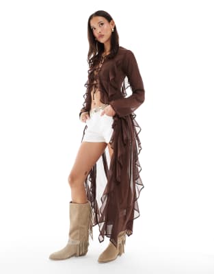 Daisy Street Boho Sheer Ruffle Detail Open Maxi Top In Brown