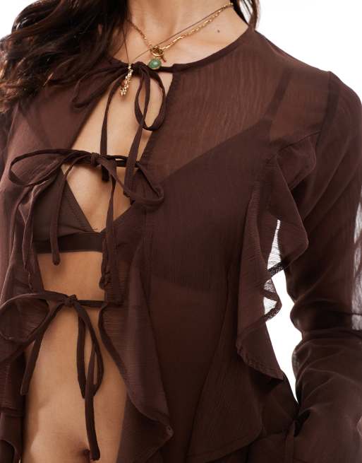 Daisy Street boho sheer ruffle detail open maxi top in brown