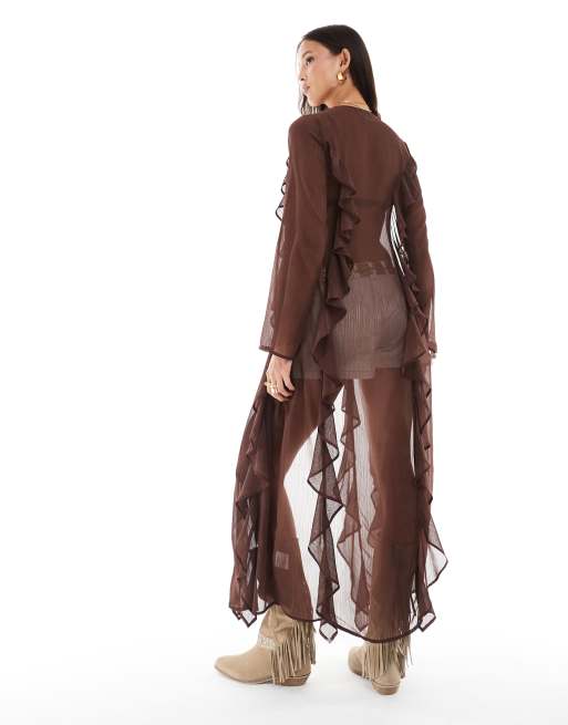 Daisy Street boho sheer ruffle detail open maxi top in brown