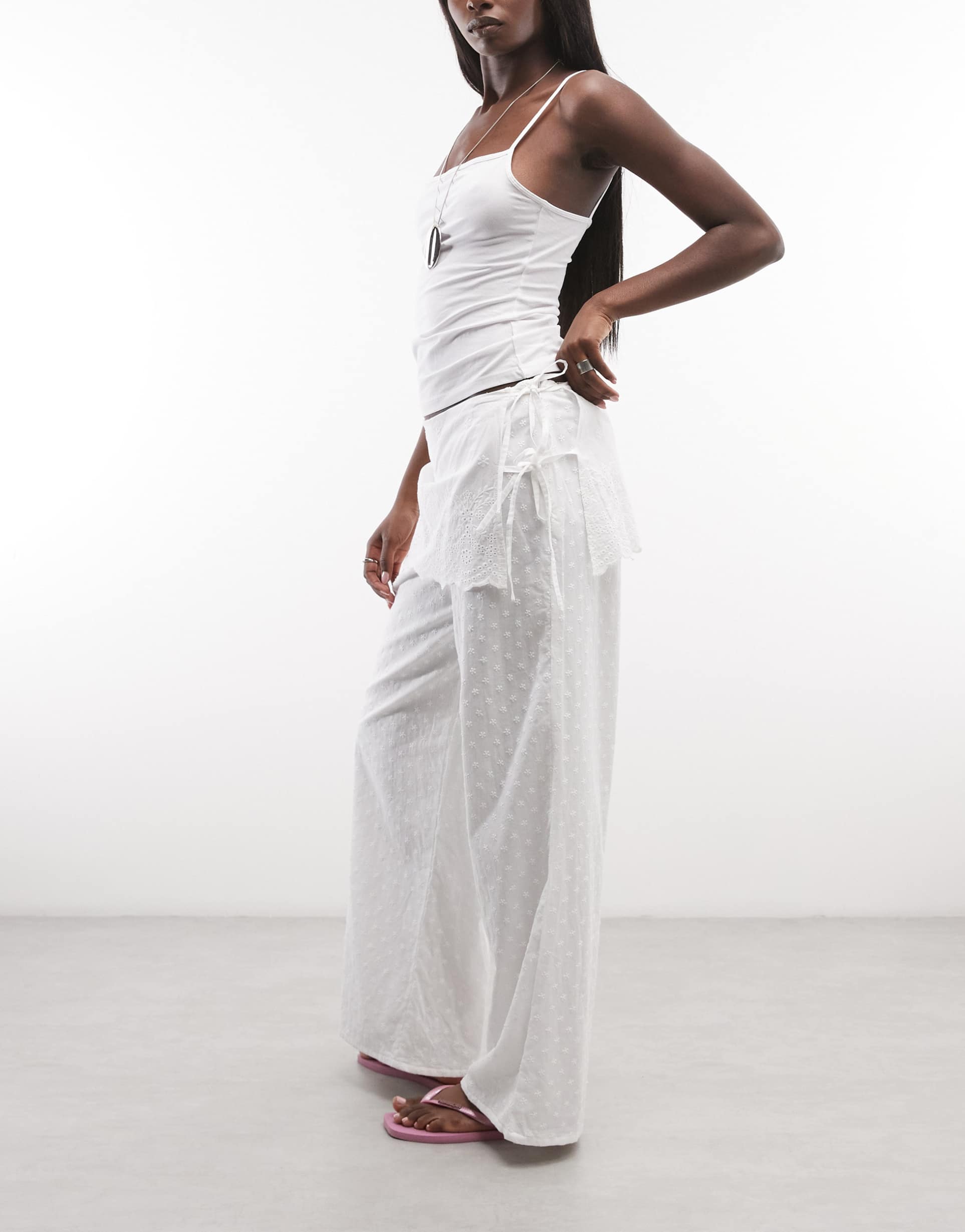 daisy street boho straight leg pants with skirt overlay in white broderie