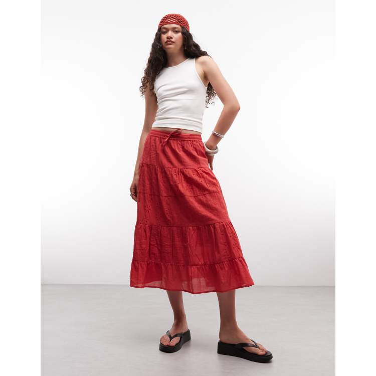 Daisy Street boho tiered broderie skirt in red | ASOS