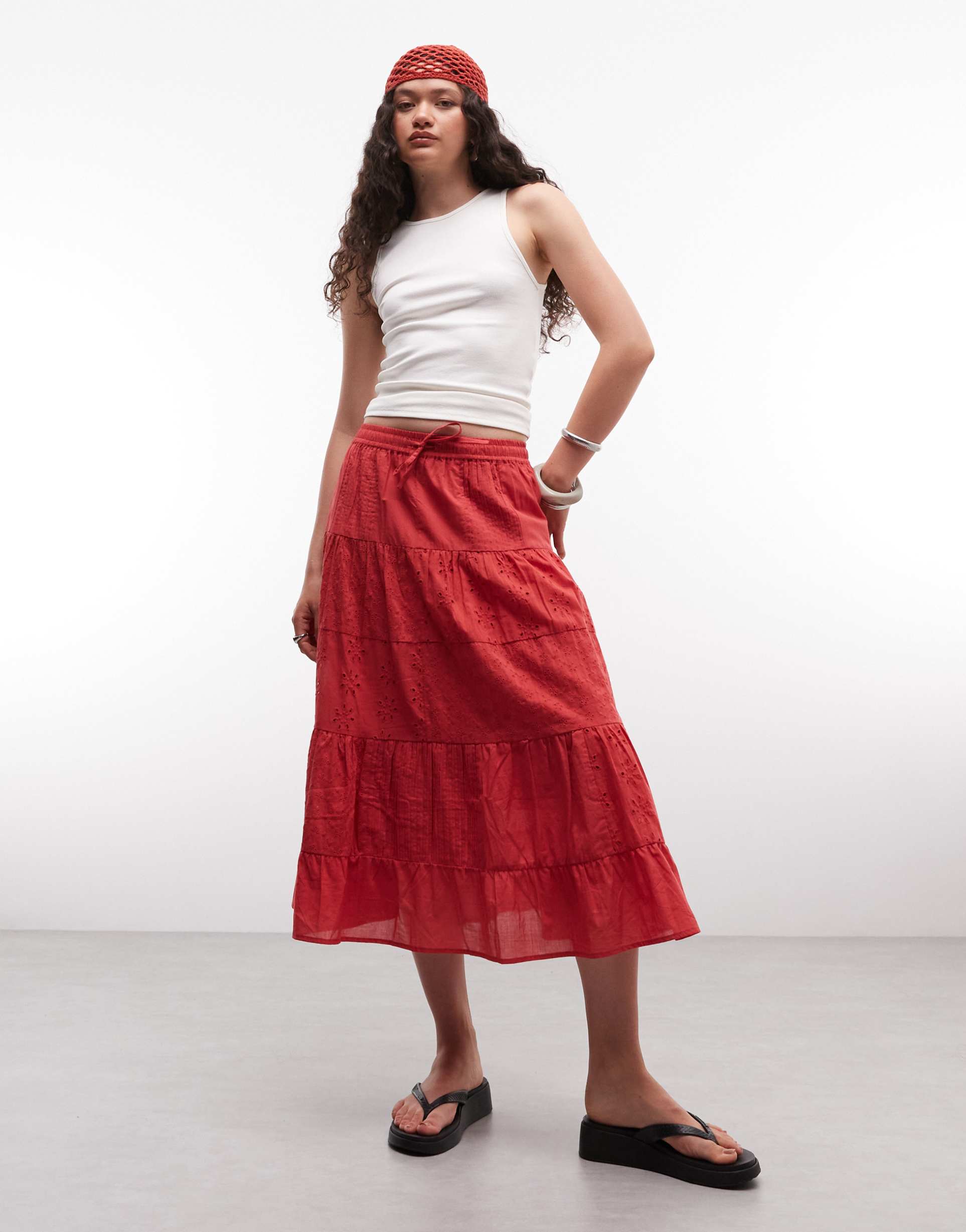 daisy street boho tiered broderie skirt in red