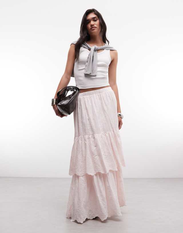 Daisy Street boho tiered maxi skirt in pink | ASOS