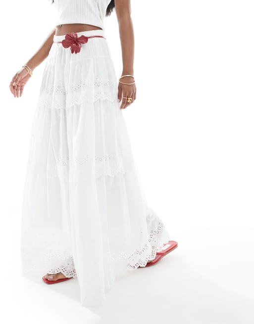 Daisy Street boho tiered maxi skirt with broderie trim in white, 3 of 5