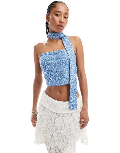 Daisy Street boobtube top with scarf in blue ditsy - view 1