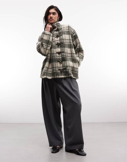 Daisy Street borg boxy jacket with toggles in green check, 2 of 4
