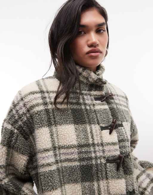 Daisy Street borg boxy jacket with toggles in green check, 3 of 4
