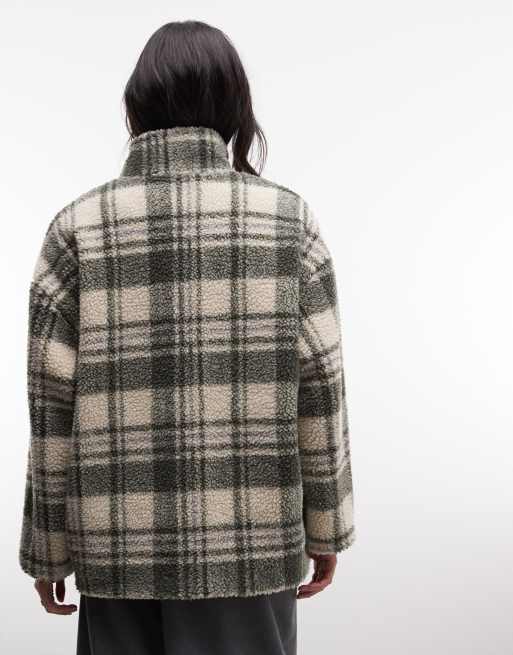 Daisy Street borg boxy jacket with toggles in green check, 4 of 4