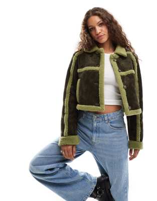 borg detail cropped jacket-Green