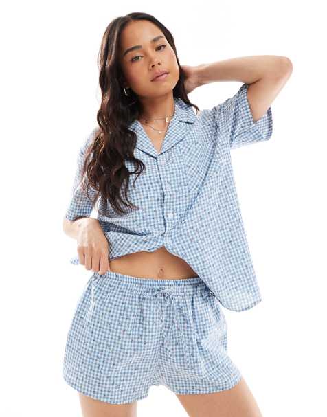 Daisy Street boxer style gingham pyjama shorts with floral detail in blue - view 1