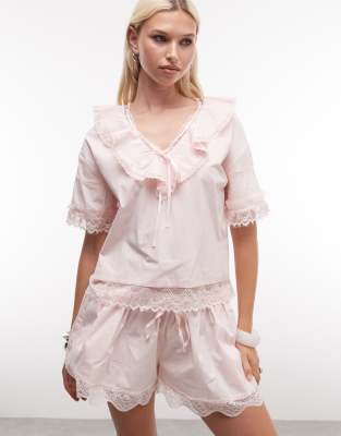 Daisy Street boxy blouse with tie collar and lace edging in pink co-ord