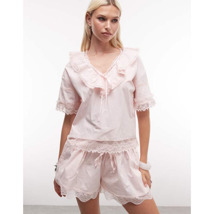 新品未使用【DellaLoMILANO】Daisy Blouse ピンクS Daisy Street boxy blouse with tie collar and lace edging in pink