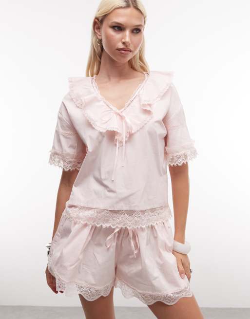 Daisy Street low rose mini shorts with lace edging in pink co-ord, 2 of 3