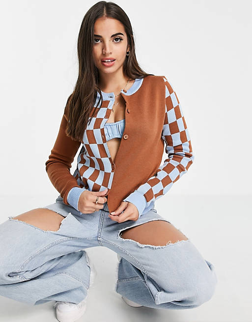 Daisy Street boxy cardigan in checkerboard knit co-ord