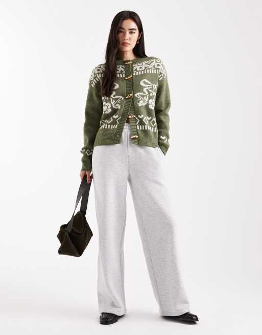 Daisy Street boxy cardigan with floral graphic and toggles in olive, 2 of 4