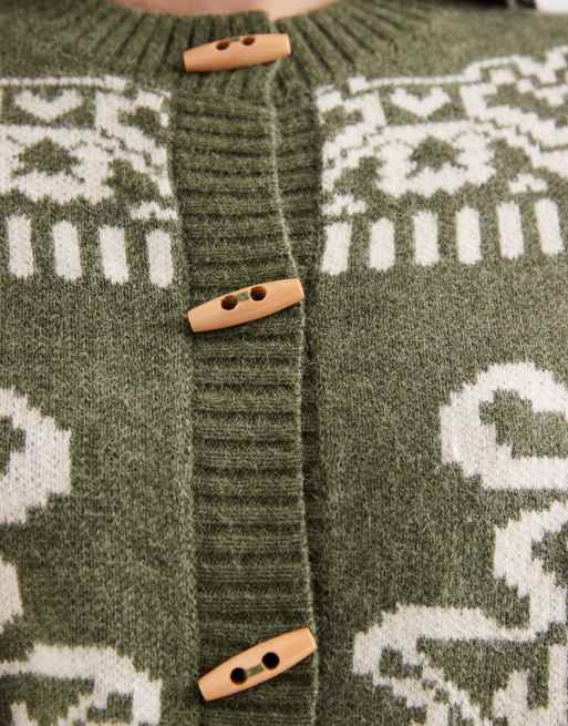 Daisy Street boxy cardigan with floral graphic and toggles in olive, 3 of 4