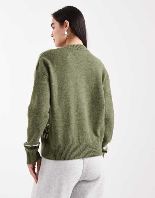 Daisy Street boxy cardigan with floral graphic and toggles in olive, 4 of 4