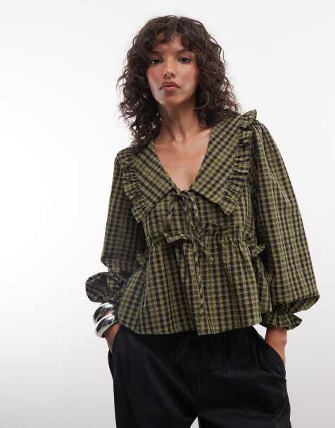 Daisy Street boxy chuck on blouse with big collar in green check - view 1