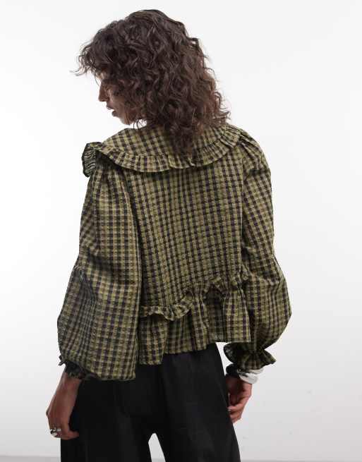 Daisy Street boxy chuck on blouse with big collar in green check, 2 of 4