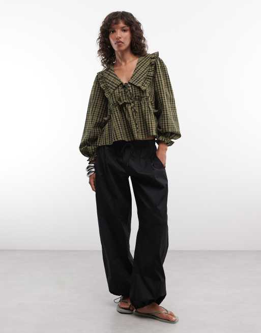 Daisy Street boxy chuck on blouse with big collar in green check, 3 of 4