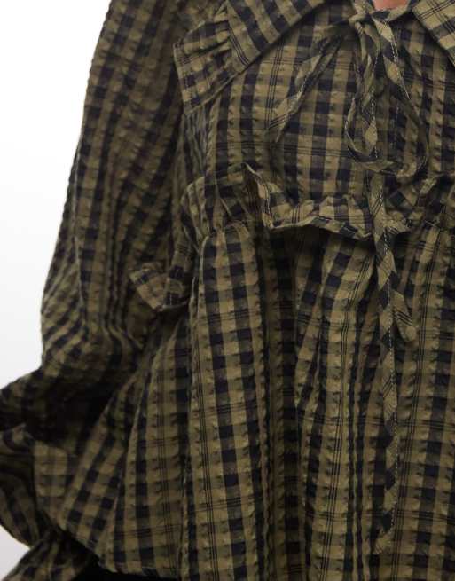 Daisy Street boxy chuck on blouse with big collar in green check, 4 of 4
