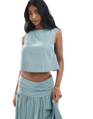 Daisy Street boxy chuck on top in blue stripe co-ord