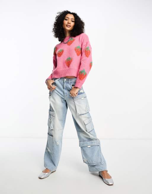 Daisy Street boxy chunky jumper in pink strawberry knit, 3 of 4