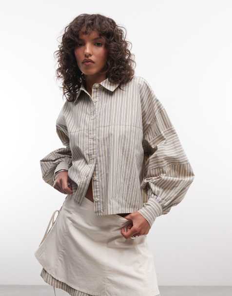 Daisy Street boxy crop shirt in multi stripe (part of a set) - view 1
