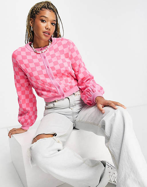 Women Daisy Street boxy cropped cardigan in pink checkerboard knit 