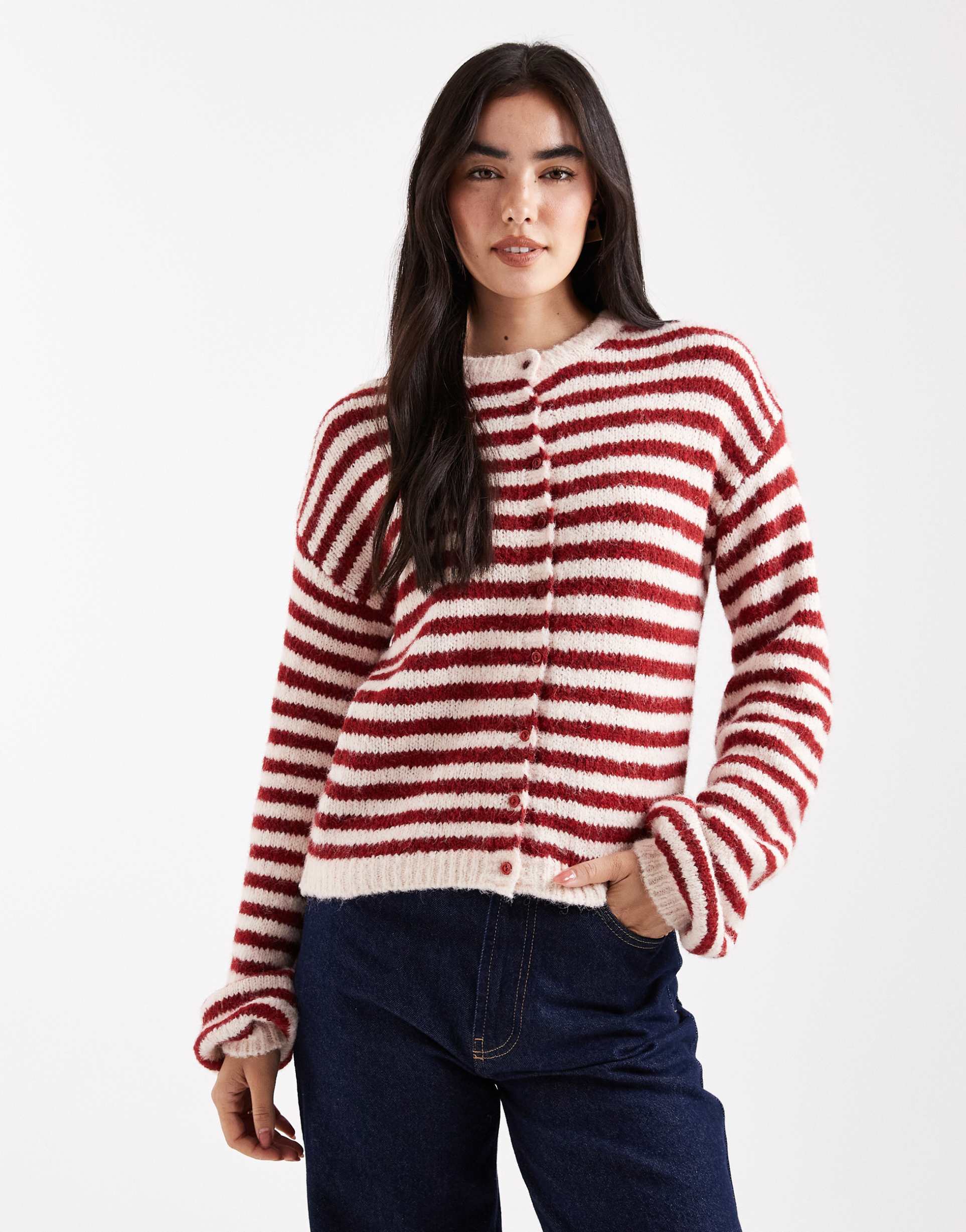 daisy street boxy fit cardigan in red and off white stripe