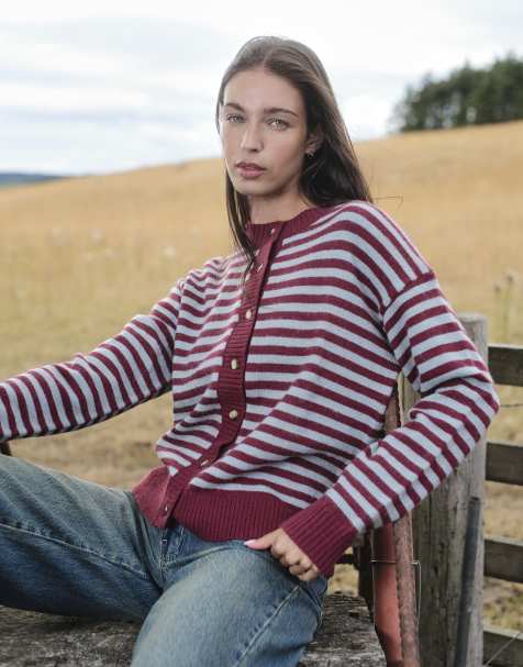 Daisy Street boxy fit contrast placket cardigan in burgundy and blue stripes - view 1
