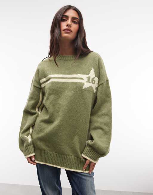Daisy Street boxy fit jumper with star graphic in green, 2 of 4