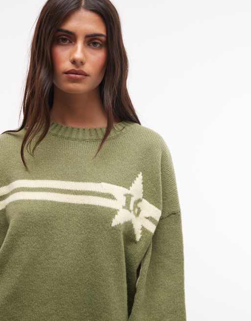 Daisy Street boxy fit jumper with star graphic in green, 3 of 4