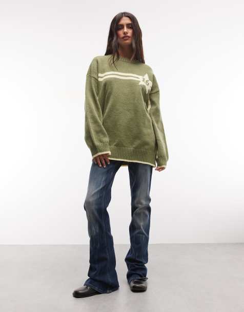 Daisy Street boxy fit sweater with star graphic in green - view 1